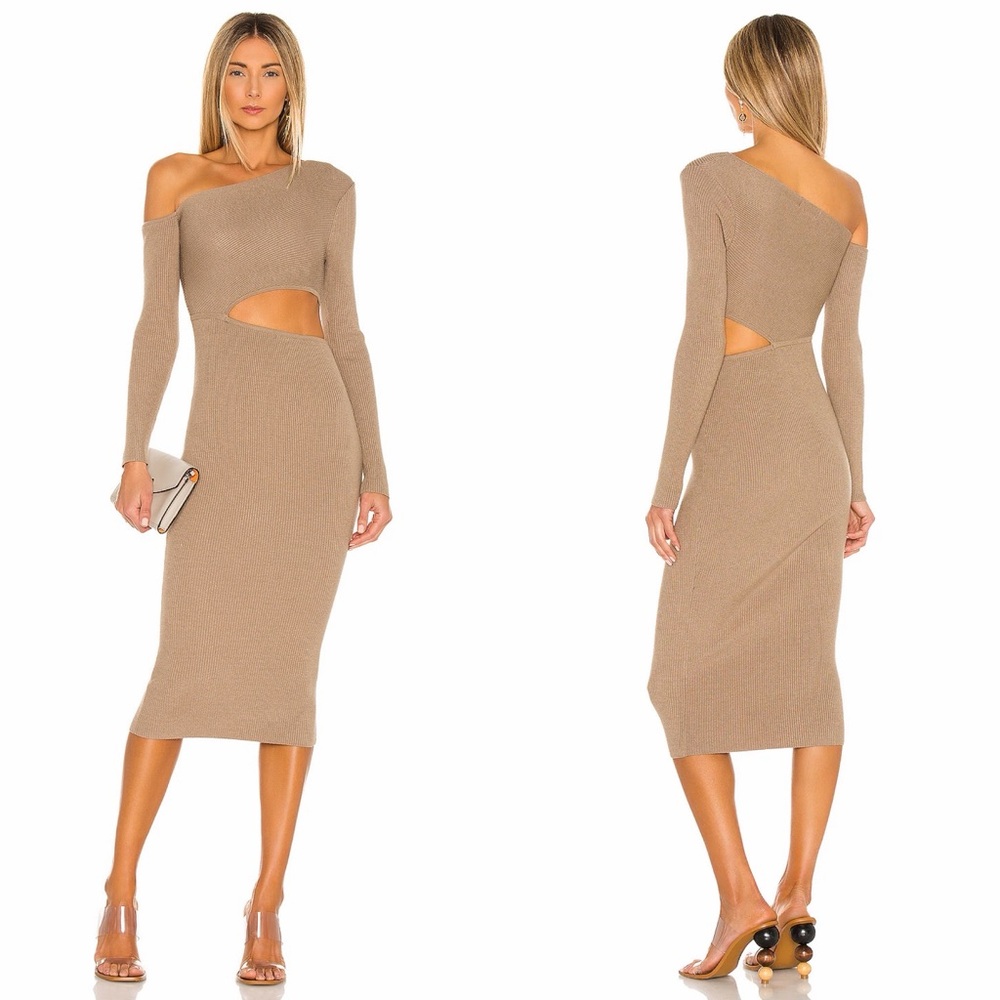 Camila Coelho Nahla Knit Dress in Sage Tan Cutout Sweater Dress Womens Size‎ S
